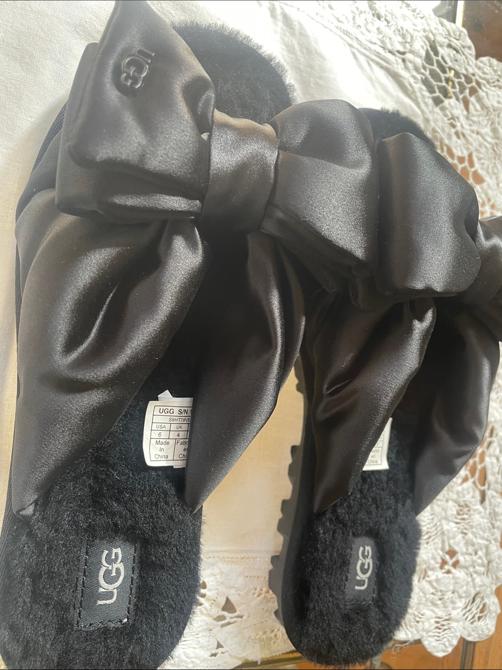 UGG Black Satin Bow Slide Slippers - Women's